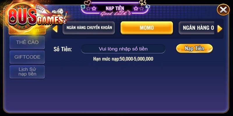 Nội dung các bước nạp tiền 8US qua ví Momo